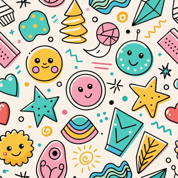 cute doodle seamless pattern with smiley faces and stars