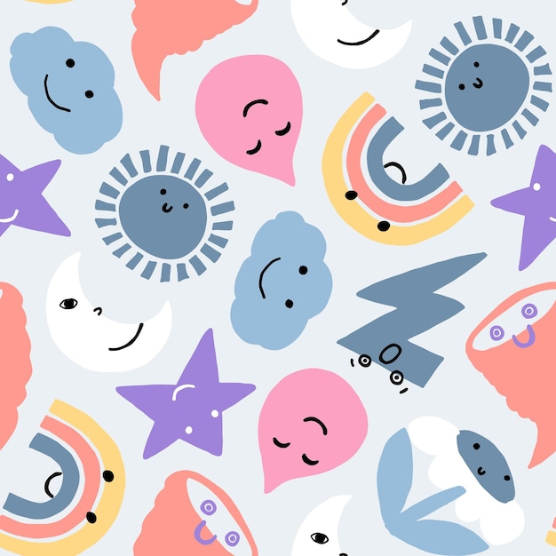 Cute fun weather symbols seamless pattern Cartoon style fun back to school repeat pattern in pastel colours