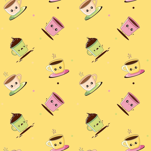 Cute Funny Coffee Cup Seamless Pattern Background Vector Illustration