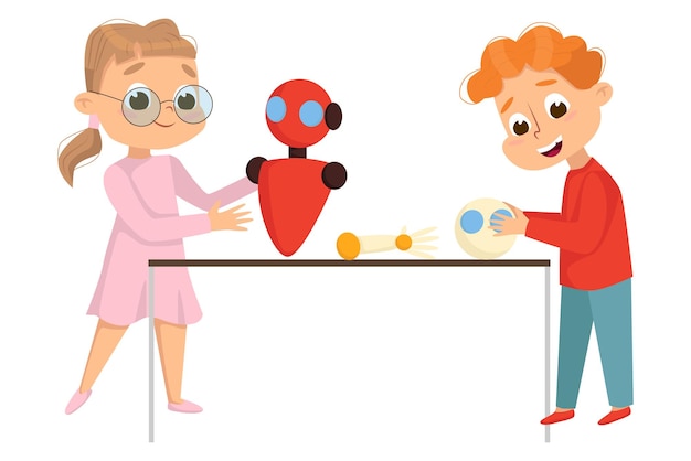 Cute girl and boy creating and programming smart robot kids programmer characters children