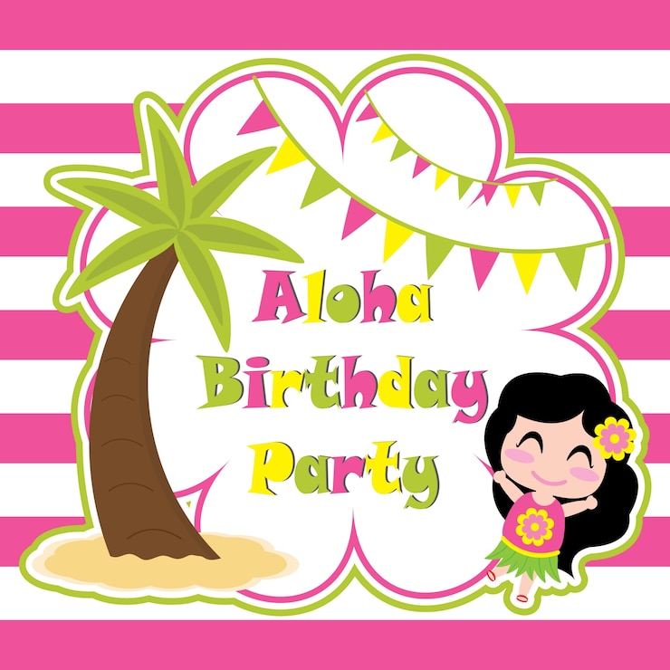 Vektör cute girl ia happy in aloha party vector cartoon, birthday postcard, wallpaper, and greeting card, t-shirt design for kids