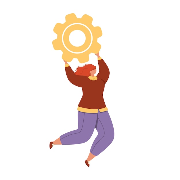 Cute girl is holding a cogwheel The concept of partnership and teamwork