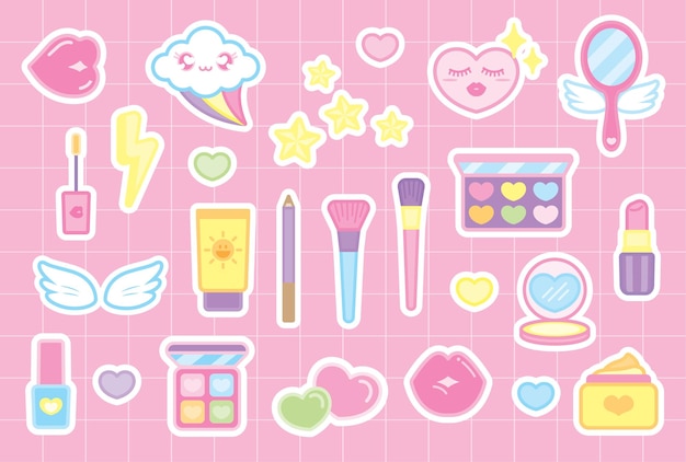 Cute girly cosmetics and kawaii stuff graphic element sticker illustration vector