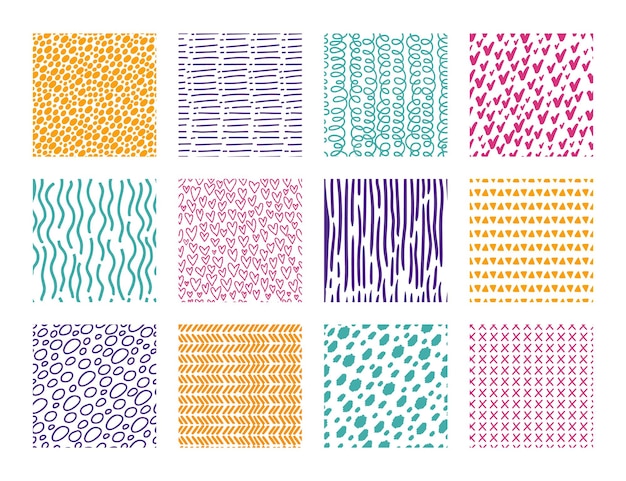 Cute hand drawn seamless pattern with scribbles, waves or lines. Trendy abstract patterns with doodle elements, fabric print vector texture set. Colorful minimalistic elements collection