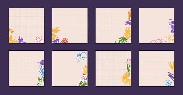 cute handdrawn memo pages for notepad planner sticky note diary vector illustration with doodles