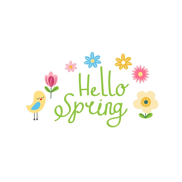 Cute hello spring quote Floral springtime hand drawn prints design Positive sticker postcard or poster