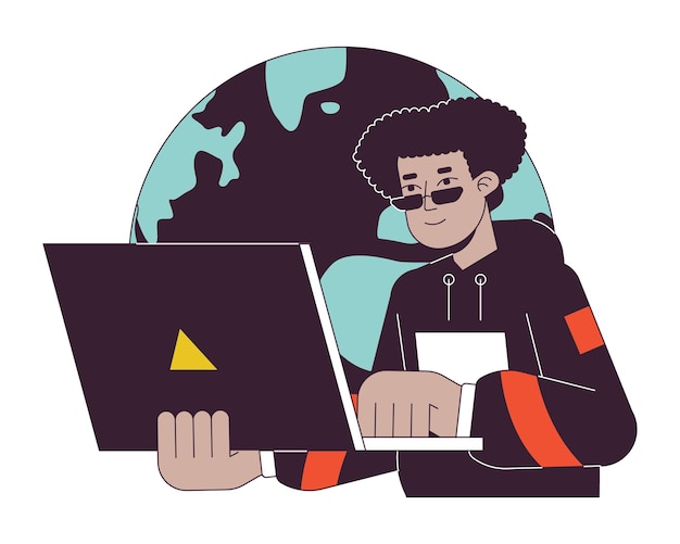Cute hispanic man in sunglasses flat line concept vector spot illustration Global network Freelancer 2D cartoon outline character on white for web UI design Editable isolated color hero image