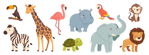cute jungle animals cartoon african wild mammals funny lion zebra happy elephant monkey nice hippo toucan and parrot birds kids safari animal vector set
