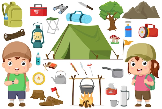 Cute kid cartoon with camping equipment collection