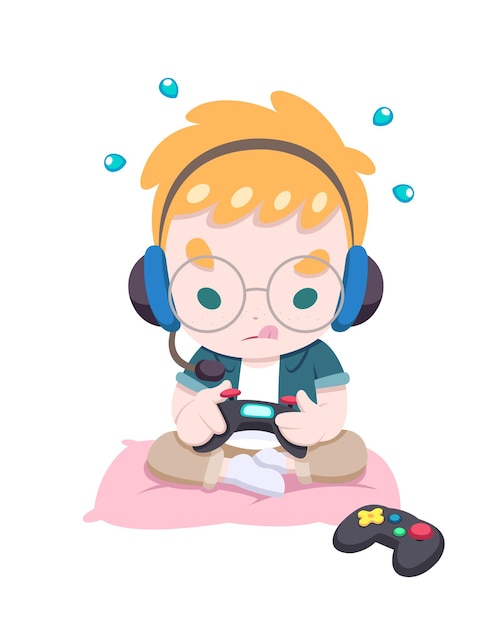 Cute little boy gamer playing game with joystick concentrately