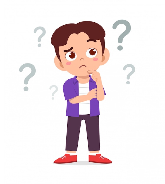 Cute little kid boy think with question mark