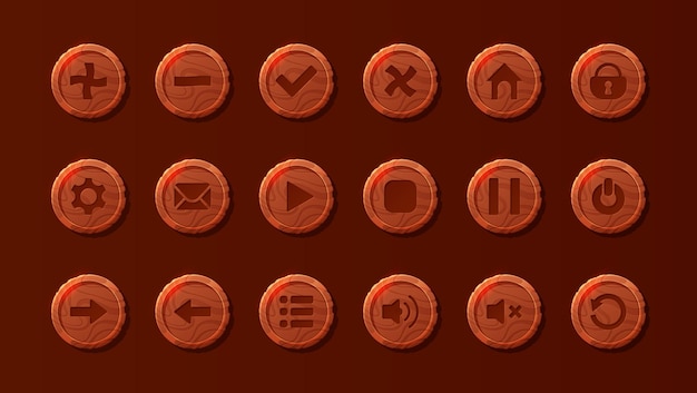 Cute little wooden buttons and icons for a fun game interface