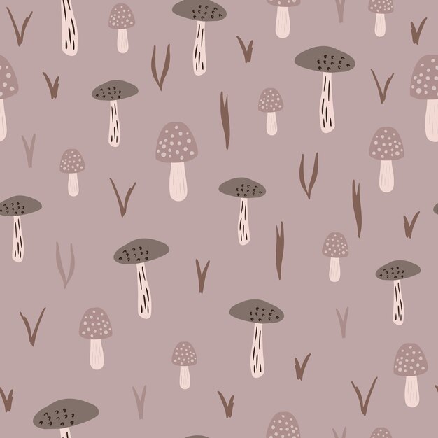 Cute mushrooms seamless pattern. Creative autumn botanical texture. Vector forest background. Design for fabric, textile print, wrapping, cover