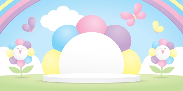 cute pastel flower shape backdrop display stage with happy colorful flower and butterfly and rainbow