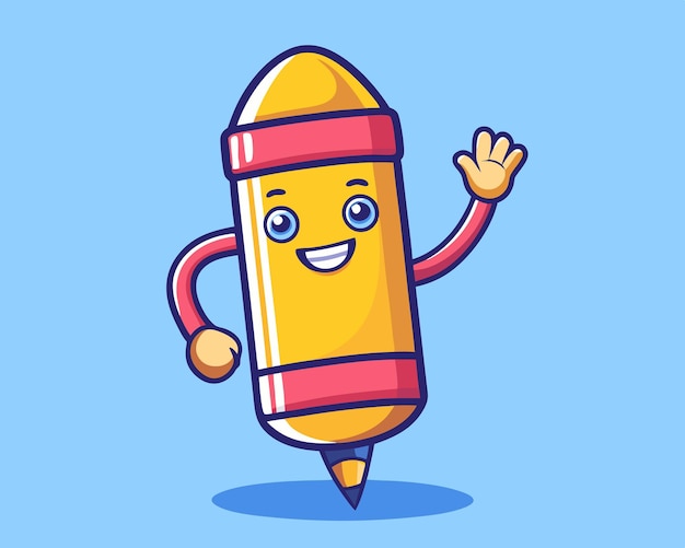 Cute Pencil Waving Hand Cartoon Vector Icon Illustration