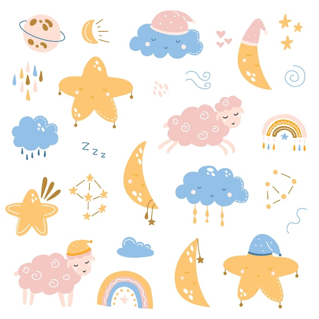 Cute posters with moon stars clouds Vector prints for baby room baby shower greeting card kids and baby tshirts and wear Hand drawn nursery illustration
