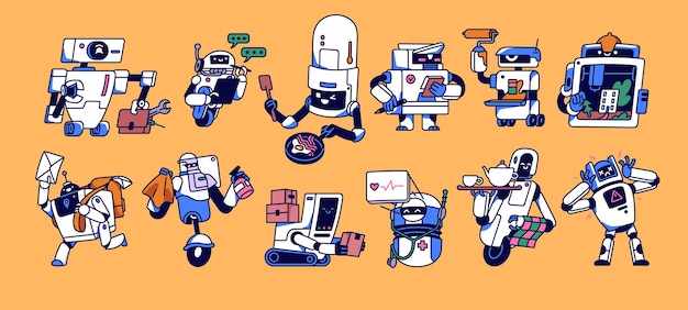 Cute robot characters set Android bots AI assistants in retro futuristic style Smart service machines funny childish humanoids cyborgs cooking repairing Isolated flat vector illustration