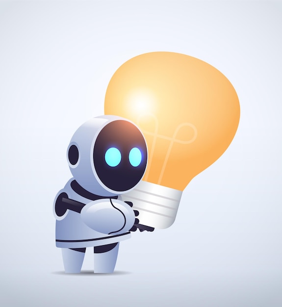 cute robot cyborg holding light lamp modern robotic character with bright bulb new project creative idea artificial intelligence technology 