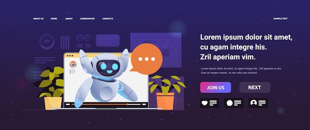 cute robot cyborg with chat bubble on laptop screen modern robotic character artificial intelligence technology concept copy space vector illustration