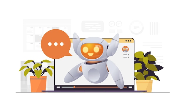cute robot cyborg with chat bubble on laptop screen modern robotic character artificial intelligence technology concept vector illustration
