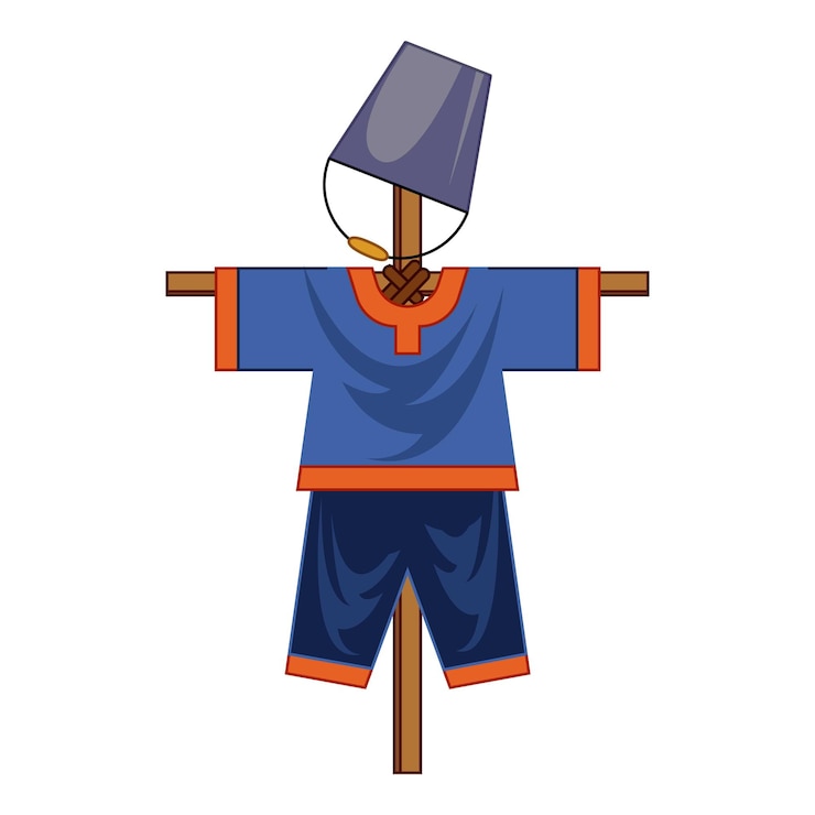 Vektör cute scarecrow wearing bucket protecting crops in the field