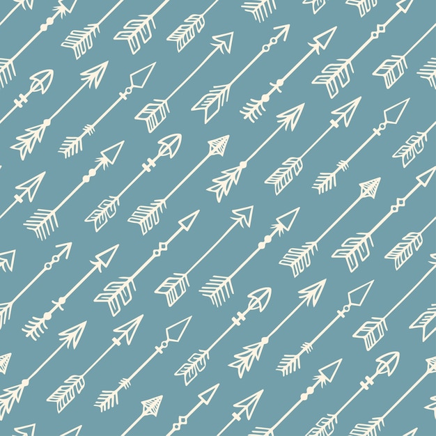Cute seamless background with hand-drawn beige arrows on a blue background
