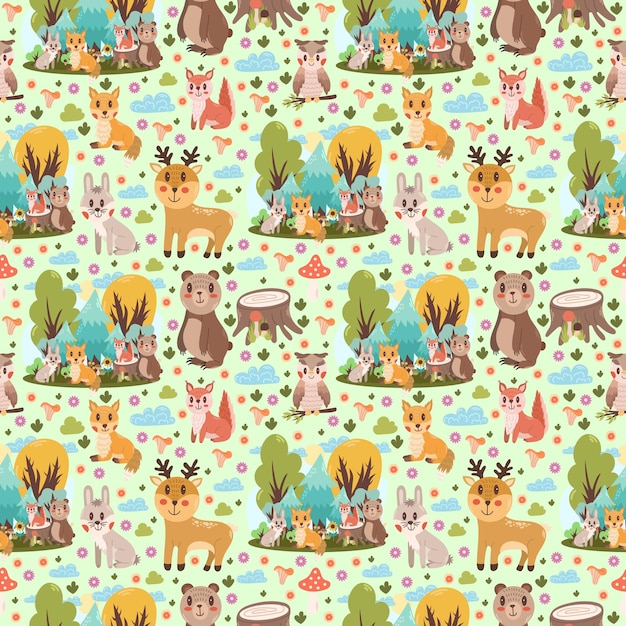 Cute seamless childrens pattern with different forest animals on a green background Childrens des