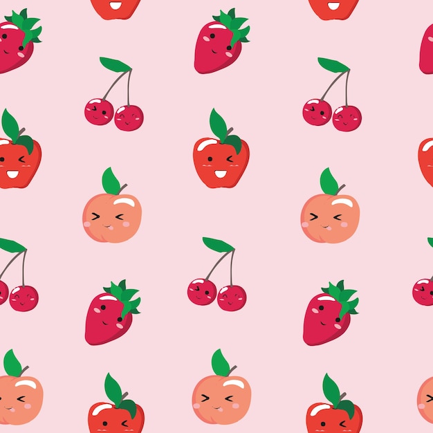 Cute seamless pattern with cartoon fruits - peach, apple, cherry, strawberry.