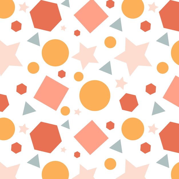 Cute seamless pattern with different geometric shapes triangles squares hexagons asterisks