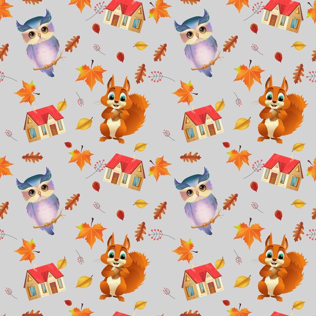 Cute seamless pattern with forest animals Repeating image with cartoon animals for printing on wrapping paper Autumn season owl squirrel house Village vector illustration