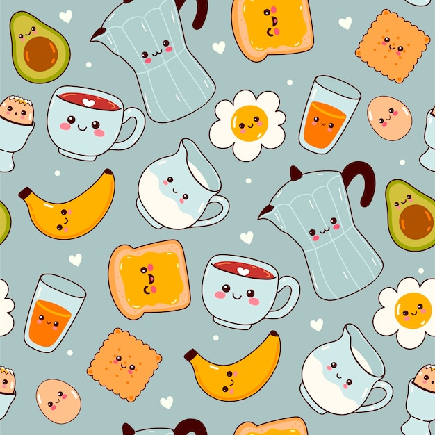 Cute Seamless pattern with kawaii food for breakfast