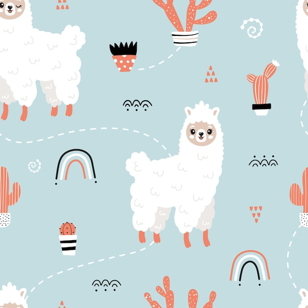 Cute seamless pattern with lamas. Cute llama, rainnbow, cactus. Children's vector background. Postcard, poster, clothing, fabric, wrapping paper, textiles.