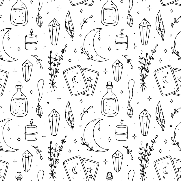Cute seamless pattern with magic doodles herbs crescent moon pendant gemstones tarot cards potion
