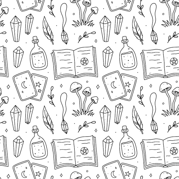 Cute seamless pattern with magic doodles pendant gemstones tarot cards potion spellbook