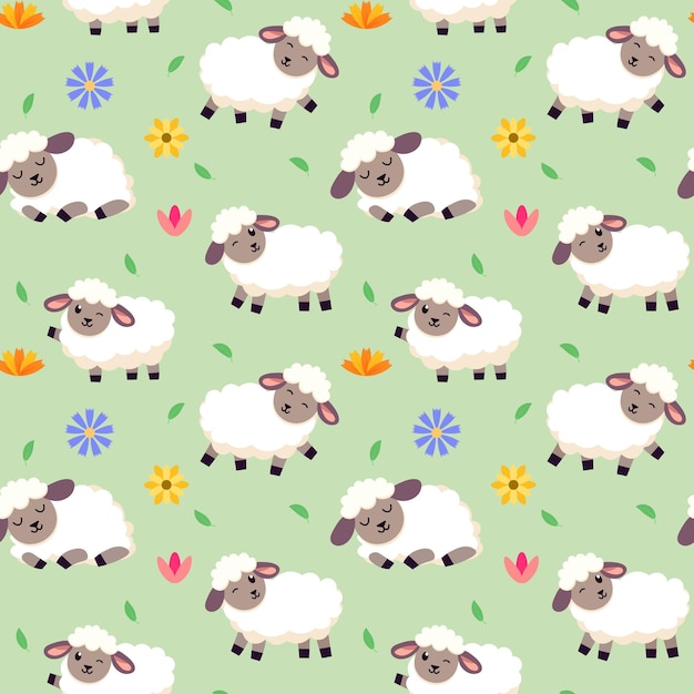 Cute seamless pattern with sheeps and flowers in cartoon style