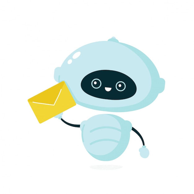 cute smiling robot, bot with letter.  modern flat cartoon character illustration.isolated on white background.friendly robot,chat bot concept