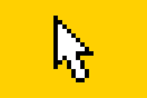 Cute sticker for social networks in pixel style CallToAction computer mouse pointer icon 8 bit element on a yellow background button for blog