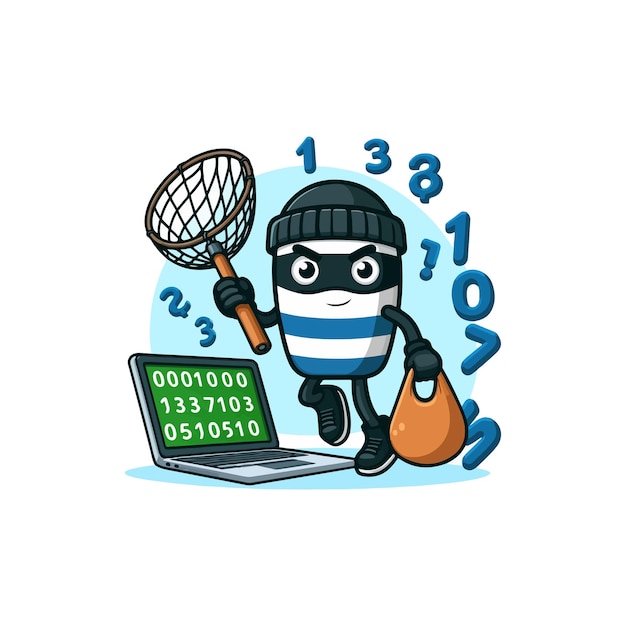 cute thief stealing number code binary with fishing net cartoon vector icon illustration people flat