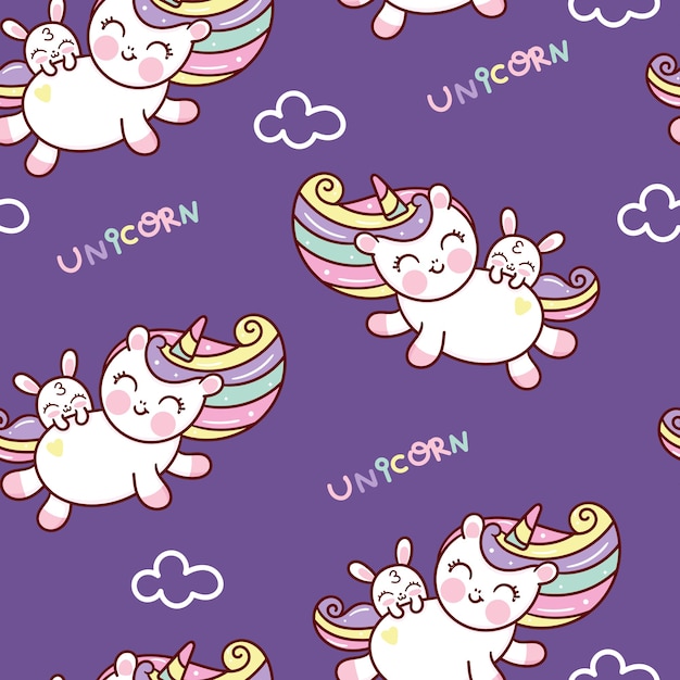 Cute unicorn seamless pattern with rabbit vector kawaii animal