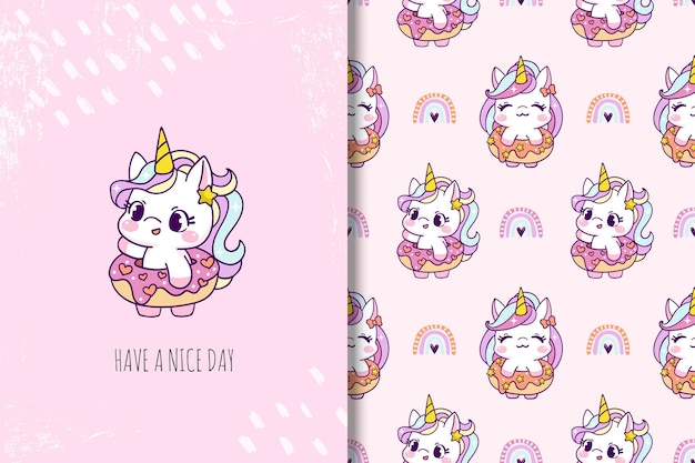 Cute unicorn with donut illustration card and seamless pattern
