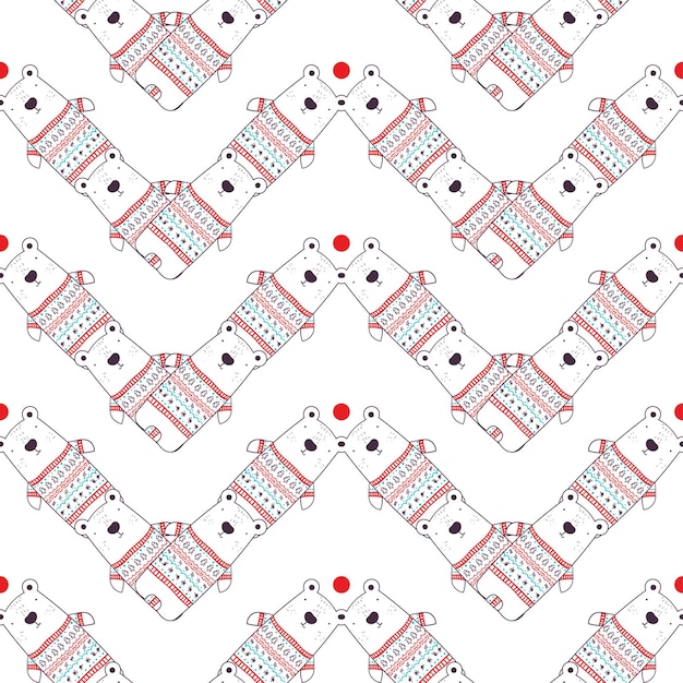 cute white polar bear in winter pullover with snowflakes seamless pattern for new year and christmas