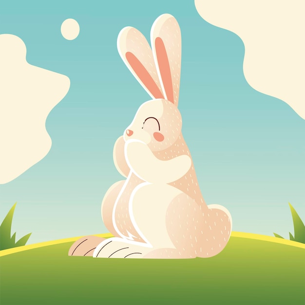 Cute white rabbit cartoon animal in the grass  illustration