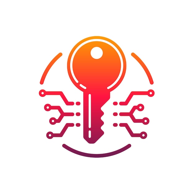 cyber security and protection key icon. vector emblem with microcircuit in circle. hacker attack and data assault prevention. information safety in internet design element isolated on white background