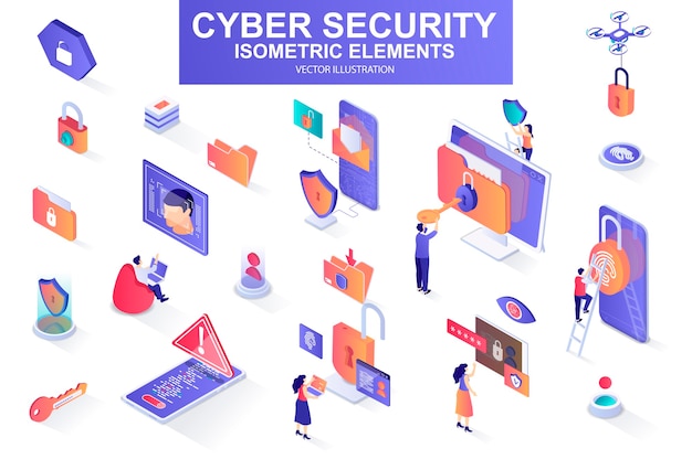 cyber security bundle of isometric elements  illustration