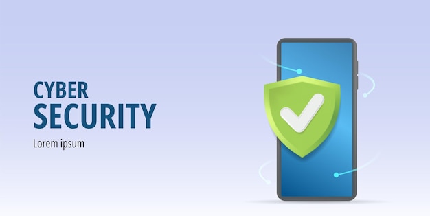 cyber security concept banner with phone and green shield the shield has a white check mark