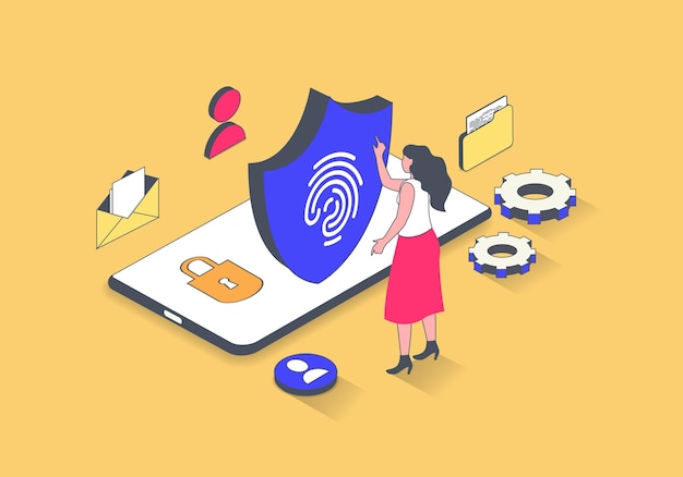 Cyber security concept in 3d isometric design Woman scanning fingerprint for secure access and authentication internet data protection Vector illustration with isometry people scene for web graphic