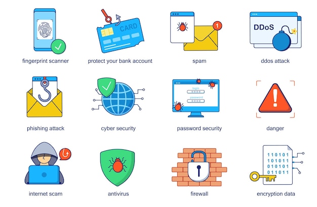 Cyber security concept line icons set Pack outline pictograms of fingerprint scanner spam ddos