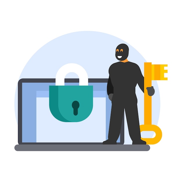 Cyber security concept Vector flat design illustration of hacker with laptop and key