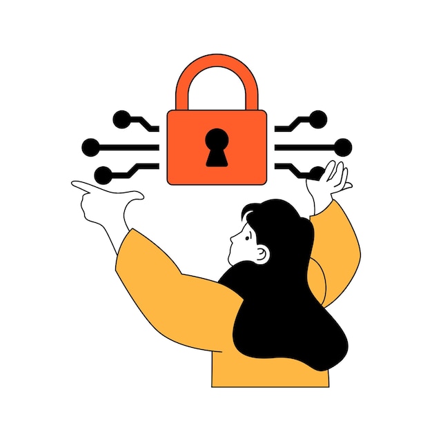 cyber security concept with cartoon people in flat design for web woman using internet security system with padlock and encryption vector illustration for social media banner marketing material