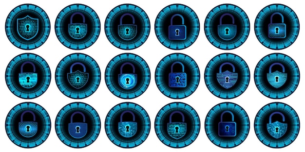 Cyber Security Icons with Blue Padlocks and Shields